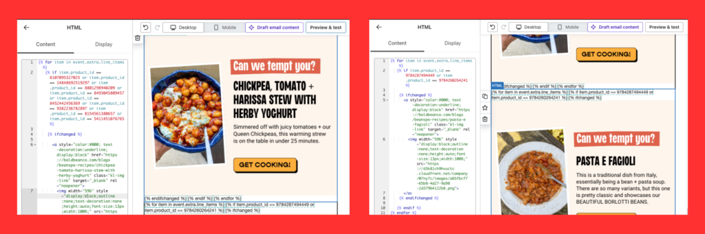 Bold Bean conditional logic for recipe card based on basket items in klaviyo
