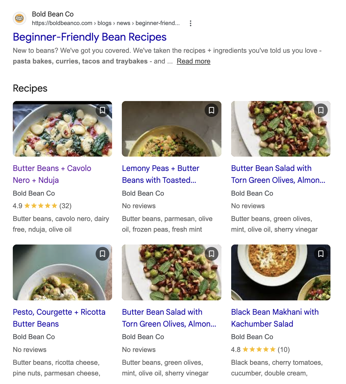 Bold Bean Co recipe blog content showing Recipe schema rich results in Google - beginner-friendly bean recipes with food photography and star ratings - ecommerce SEO content strategy example