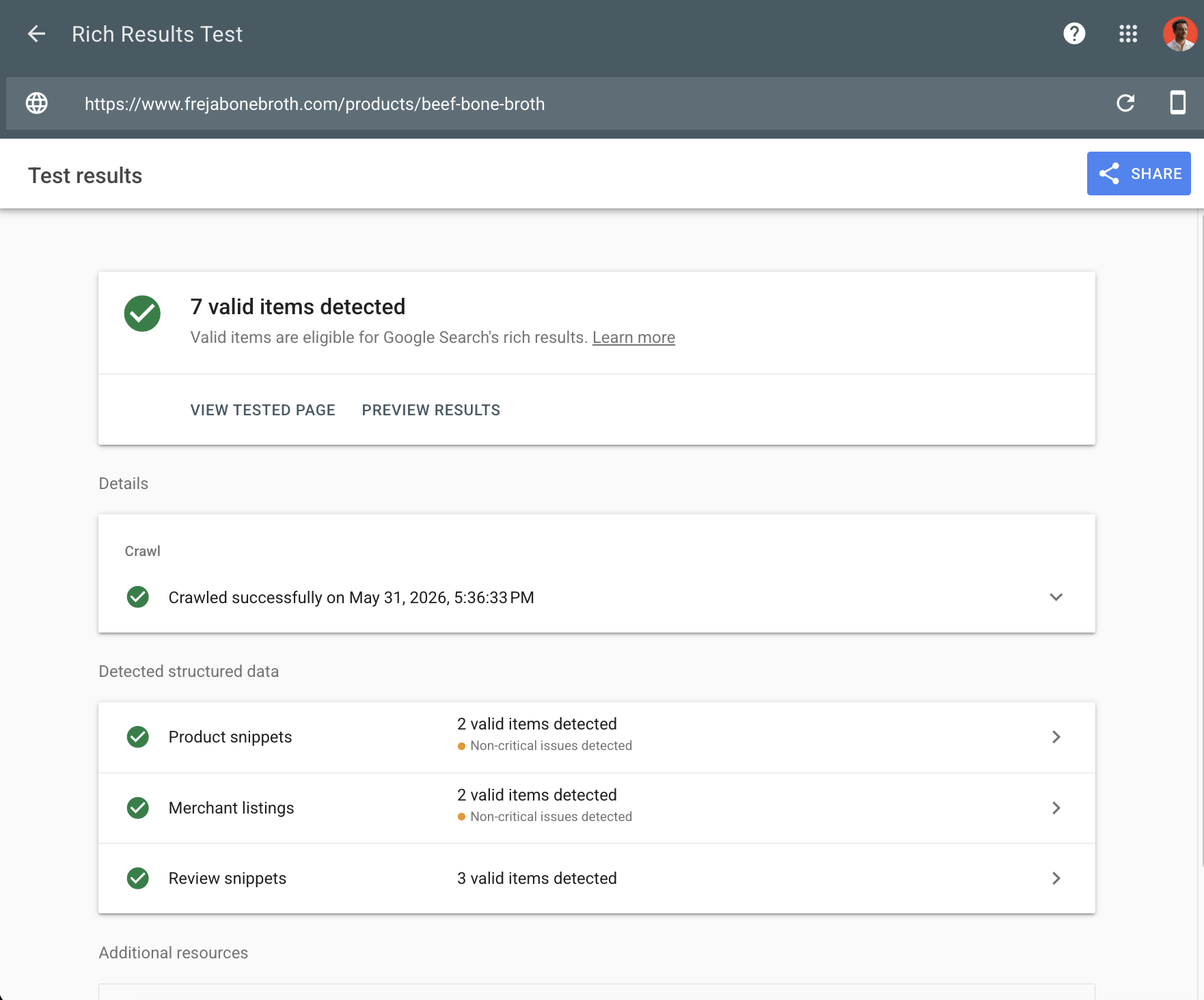 Google Rich Results Test showing 7 valid items detected for Freja bone broth product page - product snippets, merchant listings and review snippets all passing - schema markup validation for ecommerce SEO