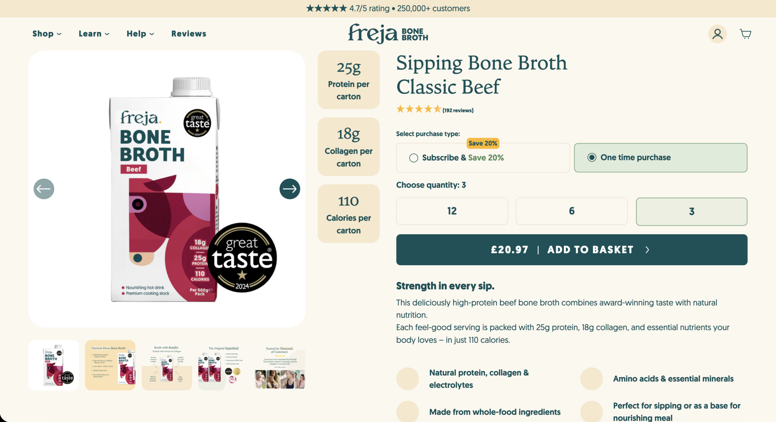 Freja Bone Broth Shopify product page showing subscribe and save toggle, star rating, quantity selector and product benefits - the front end of schema markup implementation