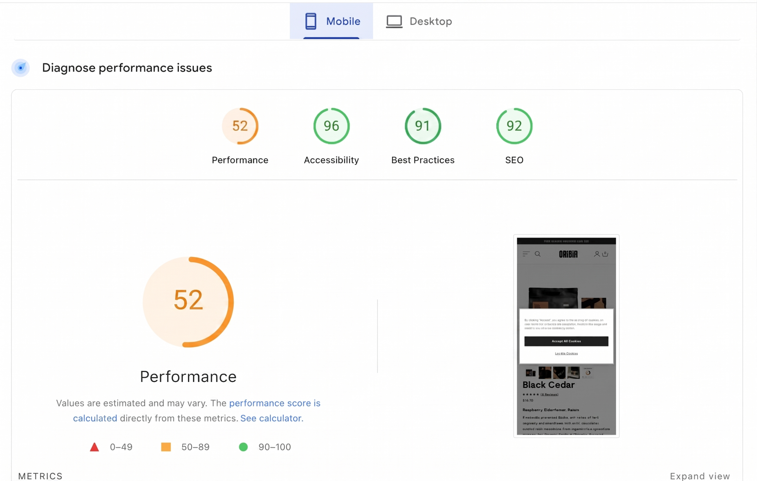 Origin Coffee Google PageSpeed Insights score showing mobile performance 52, accessibility 96, best practices 91, SEO 92 - ecommerce SEO audit example